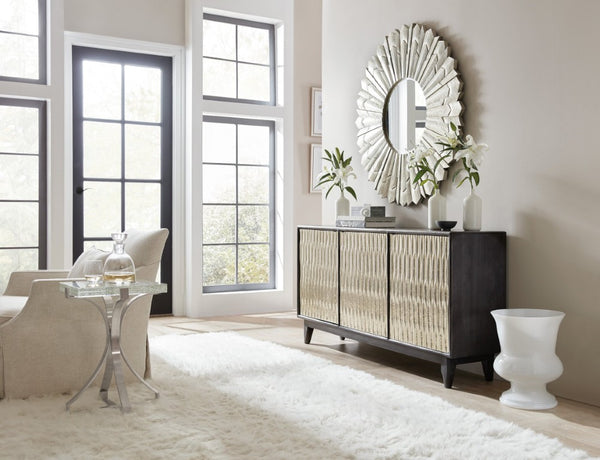 Hooker Furniture Shimmer Charcoal Mango Wood Credenza With German Silver Foil Doors, Ventilated Media Storage, 69" 5716-85001-SLV