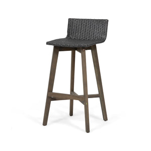 English Elm Christopher Knight Home® - LA La Brea Acacia Wood & Wicker Barstool Set of 2 — Outdoor Faux Rattan Seats with Iron X-Stretcher Frame Grey 65431.00GRY