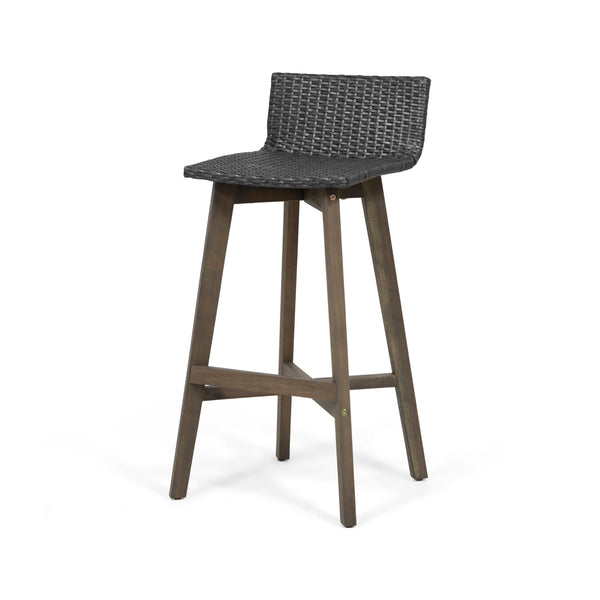 English Elm Christopher Knight Home® - LA La Brea Acacia Wood & Wicker Barstool Set of 2 — Outdoor Faux Rattan Seats with Iron X-Stretcher Frame Grey 65431.00GRY