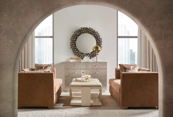 Hooker Furniture Westwood Polished Limestone Rectangle Cocktail Table With Performance Fabric Top, Open Storage & Casters 6133-80110-80