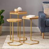 Christopher Knight Home® - Noble House - Cordele Boho Glam Handcrafted Hexagon C-Shaped Nesting Tables (Set of 3), Natural and Gold