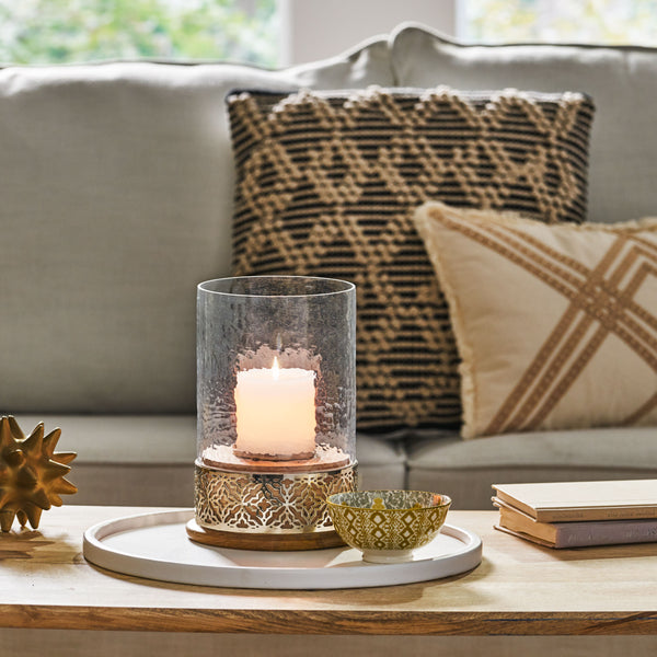 English Elm Christopher Knight Home® - LATTICE Mango Wood Hurricane Candle Holder with Ripple Glass, Handcrafted Boho Accent, Nickel Trim 72065.00