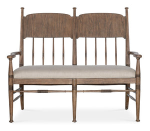 Hooker Furniture Americana Spindle Dining Bench In Honey Finish With Biscuit Linen Performance Upholstery, Farmhouse Charm 7050-75019-85