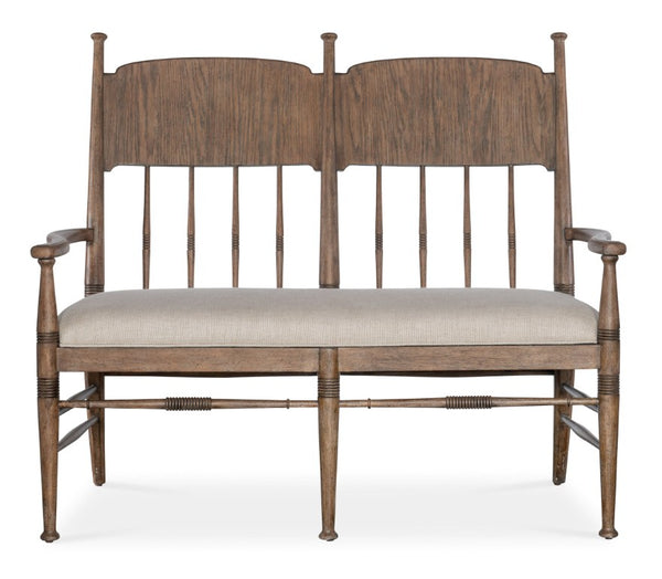 Hooker Furniture Americana Spindle Dining Bench In Honey Finish With Biscuit Linen Performance Upholstery, Farmhouse Charm 7050-75019-85
