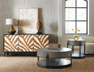 Hooker Furniture Commerce Acacia Skyline Side Table — Art Deco Starburst Veneer, Dark Bronze Metal Base, Versatile End Table (27.25" Round, 25" H) 7228-80168-85