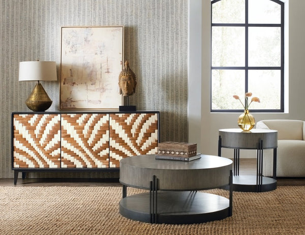 Hooker Furniture Commerce Round Skyline Cocktail Table With Acacia Starburst Veneer, Dark Bronze Banding & Legs 7228-80167-85