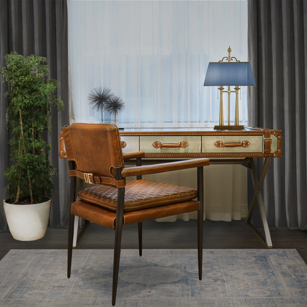 Pasargad Home Brookline Steel & Leather Writing Desk - Elegant, Durable Design For Modern Workspaces Brown Stainless Desk-0092