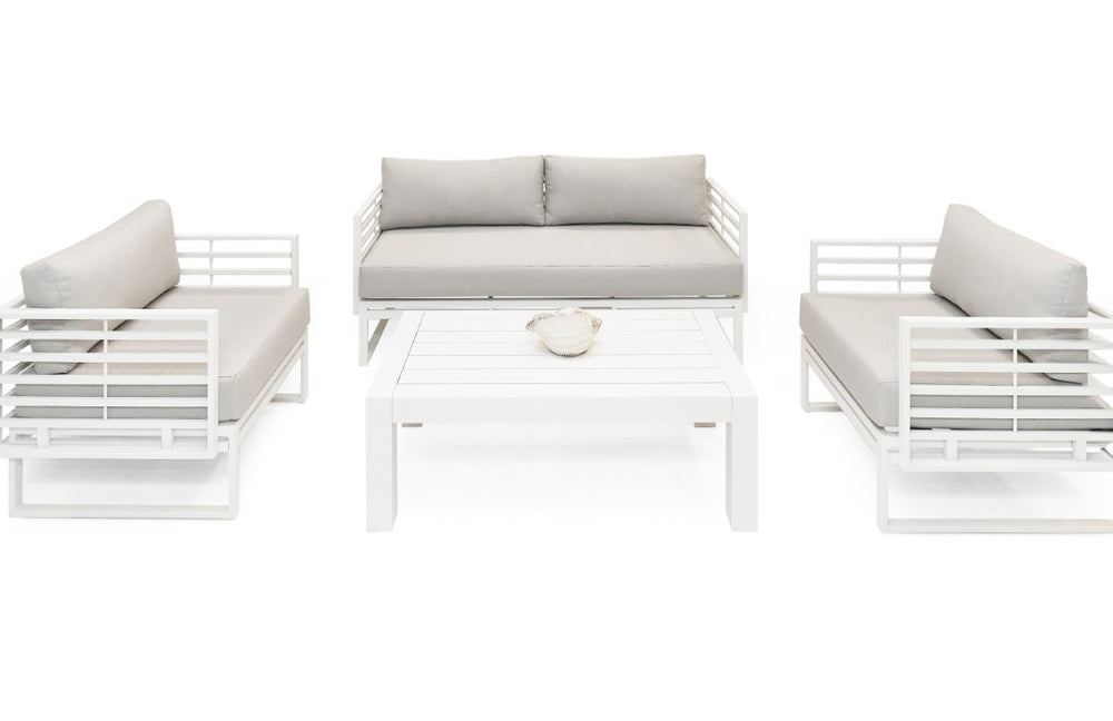 VIG Furniture Wharf Outdoor Sofa Set — Light Grey & White 4-Piece Patio Collection With Quick-Dry Cushions, Durable Frame VGGES0273SA-WHT-SET