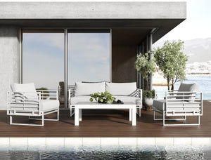 VIG Furniture Wharf Outdoor Sofa Set — Light Grey & White 4-Piece Patio Collection With Quick-Dry Cushions, Durable Frame VGGES0273SA-WHT-SET