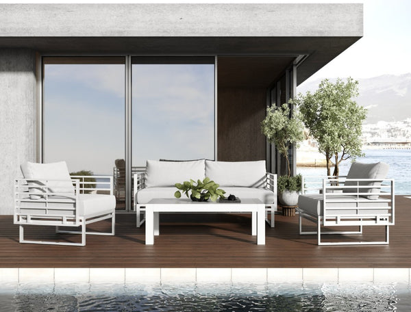 VIG Furniture Wharf Outdoor Sofa Set — Light Grey & White 4-Piece Patio Collection With Quick-Dry Cushions, Durable Frame VGGES0273SA-WHT-SET