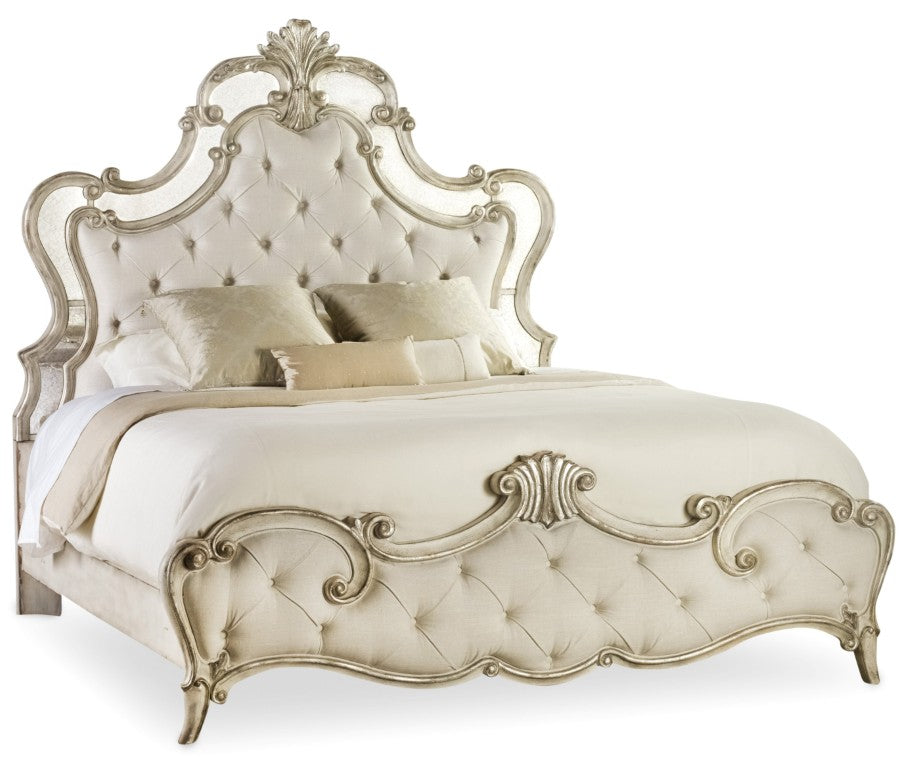 Hooker Furniture Sanctuary Bardot Silver-Leaf California King Upholstered Bed With Antique Mirror Trim & Tufted Cream Upholstery Champagne 5413-90860