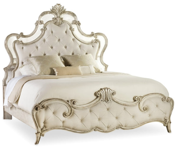 Hooker Furniture Sanctuary King Tufted Upholstered Bed With Bardot Silver Leaf Finish, Antique Mirror Accents, Luxe Comfort Champagne 5413-90866