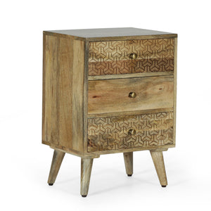 English Elm Christopher Knight Home® - 3 Mango Wood 3-Drawer Bedside Nightstand with Carved Geometric Texture, Boho Handcrafted Accent 71753.00