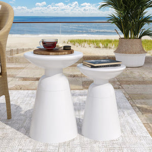 English Elm Serenita Outdoor Powder Coated Iron Pedestal Side Tables Sculptural Flared Set of Two White 73614.00WHI