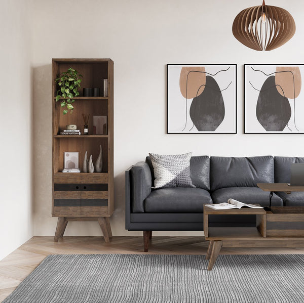 English Elm Clarkson Solid Acacia Bookcase with Storage — Rustic Aged Brown Finish, Adjustable Shelves & Doors B136P158776