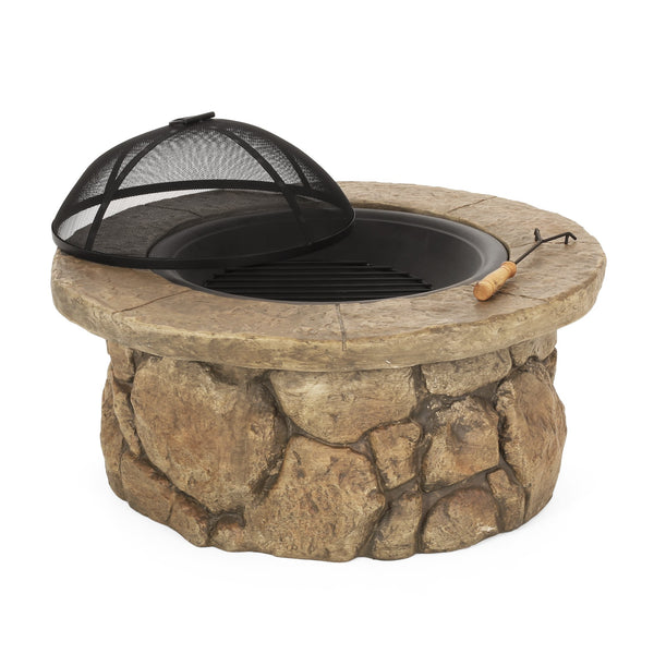 English Elm 34" Outdoor Concrete Wood Burning Fire Pit with Rustic Stone Finish for Patio Gatherings 60655.00