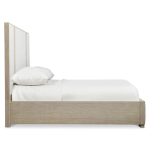 Bernhardt Bernhardt Solaria Queen Panel Bed — Rustic Modern Dune Finish, Quartered Ash/Oak, Upholstered Geometric Headboard K1744