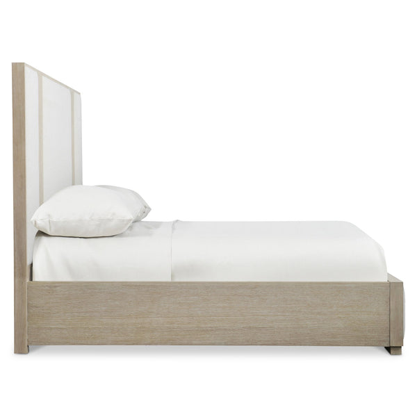 Bernhardt Bernhardt Solaria Queen Panel Bed — Rustic Modern Dune Finish, Quartered Ash/Oak, Upholstered Geometric Headboard K1744