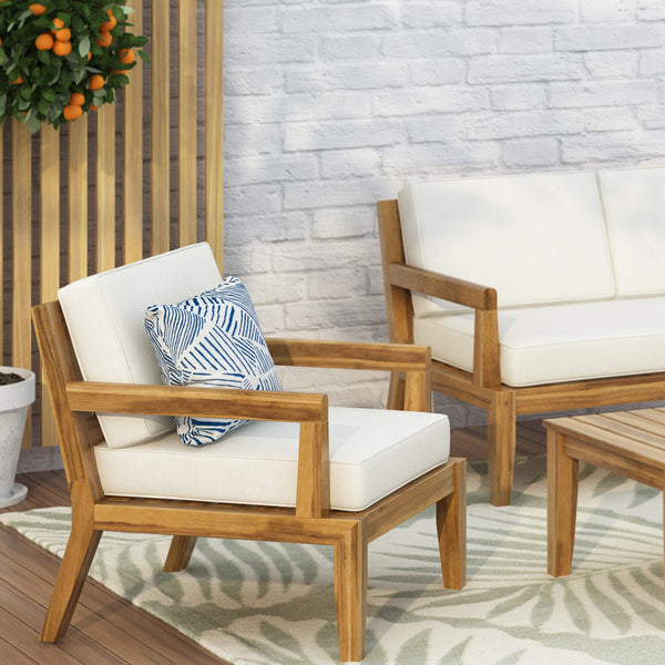 English Elm Christopher Knight Home® - Outdoor Acacia Wood Rossville Club Chair with Teak Finish, Waterproof Beige Cushion, Durable Deep Seat 70787.00BGE