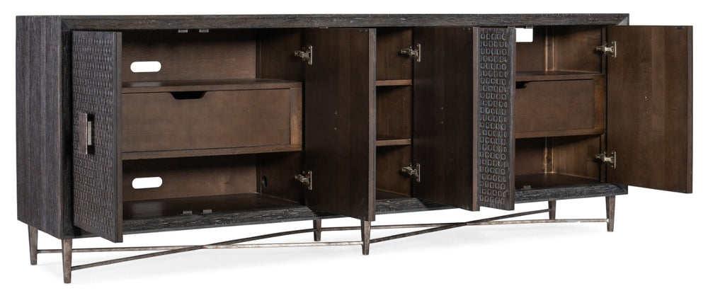 Hooker Furniture Melange Woven-Effect Five Door Credenza With Silver Metal Base, Ventilated Media Storage, 90" 628-85106-96