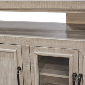 Origins Willow Creek Farmhouse Tv Console with Glass Doors Distressed Pine Finish Open Shelving Storage Grey Fir Glaze HG6055-GRY