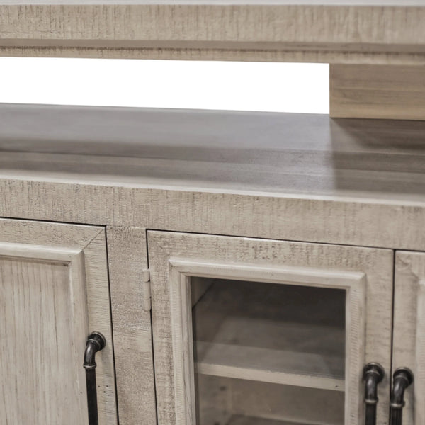 Origins Willow Creek Farmhouse Tv Console with Glass Doors Distressed Pine Finish Open Shelving Storage Grey Fir Glaze HG6055-GRY