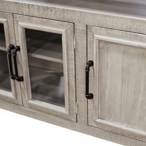 Origins Willow Creek Farmhouse Tv Console with Glass Doors Distressed Pine Finish Open Shelving Storage Grey Fir Glaze HG6055-GRY