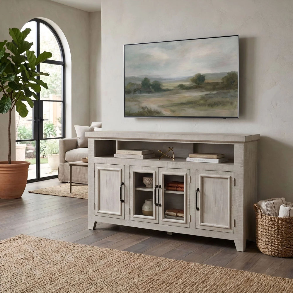 Origins Willow Creek Farmhouse Tv Console with Glass Doors Distressed Pine Finish Open Shelving Storage Grey Fir Glaze HG6055-GRY