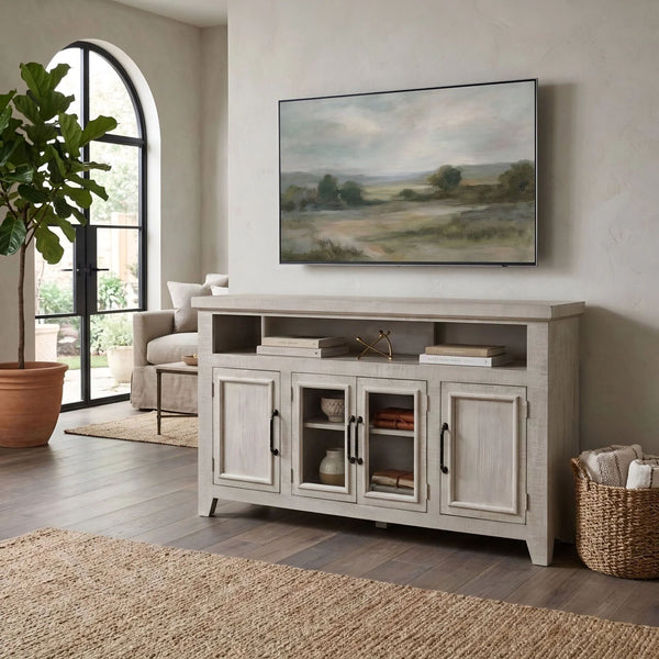 Origins Willow Creek Farmhouse Tv Console with Glass Doors Distressed Pine Finish Open Shelving Storage Grey Fir Glaze HG6055-GRY