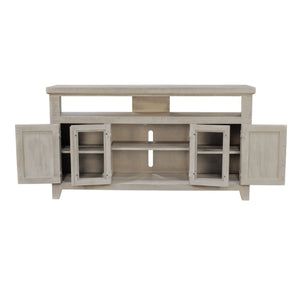 Origins Willow Creek Farmhouse Tv Console with Glass Doors Distressed Pine Finish Open Shelving Storage Grey Fir Glaze HG6055-GRY