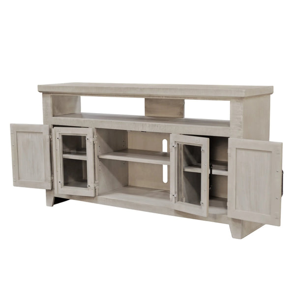 Origins Willow Creek Farmhouse Tv Console with Glass Doors Distressed Pine Finish Open Shelving Storage Grey Fir Glaze HG6055-GRY