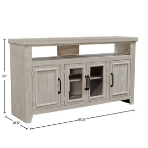 Origins Willow Creek Farmhouse Tv Console with Glass Doors Distressed Pine Finish Open Shelving Storage Grey Fir Glaze HG6055-GRY