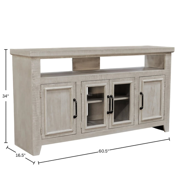Origins Willow Creek Farmhouse Tv Console with Glass Doors Distressed Pine Finish Open Shelving Storage Grey Fir Glaze HG6055-GRY