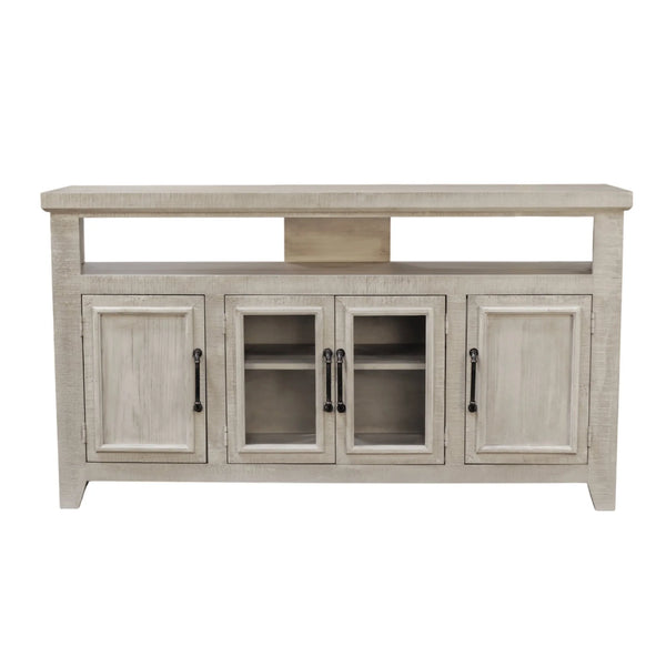 Origins Willow Creek Farmhouse Tv Console with Glass Doors Distressed Pine Finish Open Shelving Storage Grey Fir Glaze HG6055-GRY