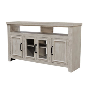 Origins Willow Creek Farmhouse Tv Console with Glass Doors Distressed Pine Finish Open Shelving Storage Grey Fir Glaze HG6055-GRY