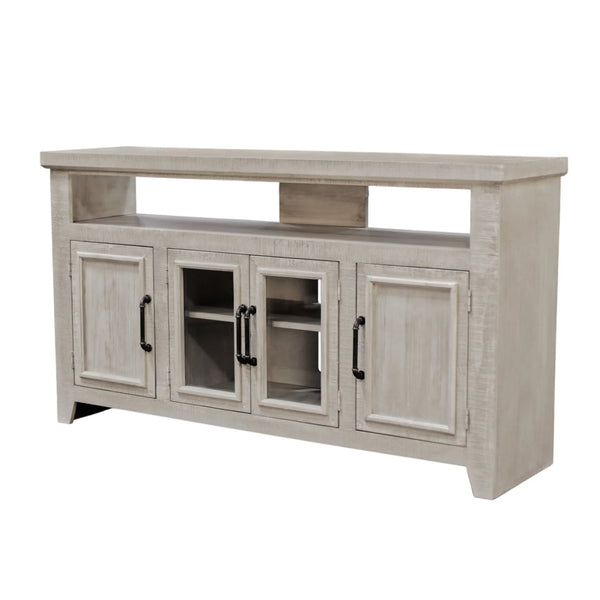 Origins Willow Creek Farmhouse Tv Console with Glass Doors Distressed Pine Finish Open Shelving Storage Grey Fir Glaze HG6055-GRY