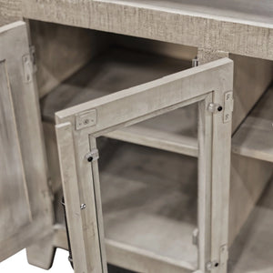 Origins Willow Creek Farmhouse Tv Console with Glass Doors Distressed Pine Finish Open Shelving Storage Grey Fir Glaze HG6055-GRY