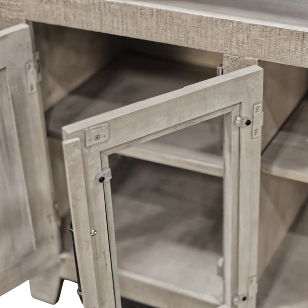 Origins Willow Creek Farmhouse Tv Console with Glass Doors Distressed Pine Finish Open Shelving Storage Grey Fir Glaze HG6055-GRY