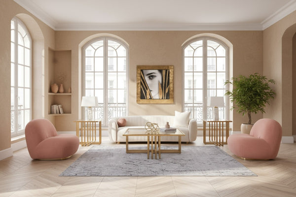 VIG Furniture Winfree Curved Off-White 3-Seater Sofa With Pale Pink Piping, Gold Legs & Plush Foam Support VGOD-ZW-22013-S