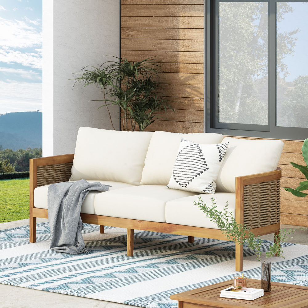 English Elm Christopher Knight Home® - 76.5'' Acacia Wood Round Wicker 3-Seater Outdoor Sofa with Teak Finish, Water-Resistant Beige Cushions 74133.00