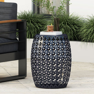 English Elm Metal Barrel End Table Powder Coated Iron Geometric Cut Indoor Outdoor Accent 73609.00NBLU