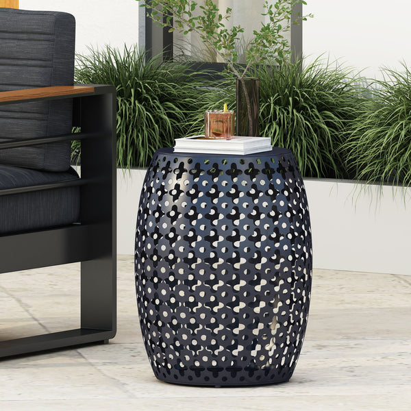 English Elm Metal Barrel End Table Powder Coated Iron Geometric Cut Indoor Outdoor Accent 73609.00NBLU