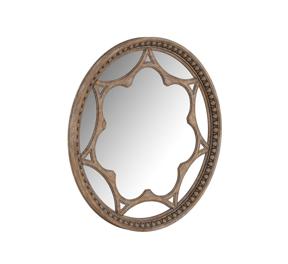 A.R.T. Furniture Architrave Round Mirror - Elegant Almond Finish, Handcrafted Wood-carving Décor, Wall-hanging Design Brown Material, Pine Solids And Veneer,Glass 277123-2608