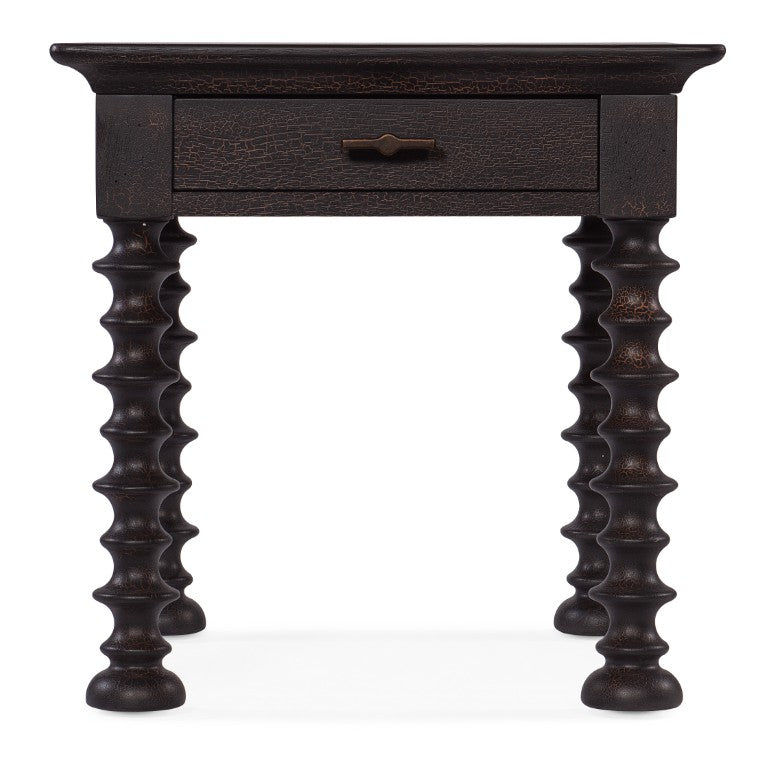 Hooker Furniture Big Sky Turned Leg End Table With Pecky Hickory Veneers, Charred Timber Finish, Self-Closing Drawer, Rustic Hardware And Farmhouse Charm 6700-80313-98