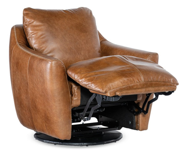 Hooker Furniture Beau Pecan Caramel Top-Grain Leather Swivel Chair With Touch Power Footrest And Tailored Topstitching CC612-PFSW-082