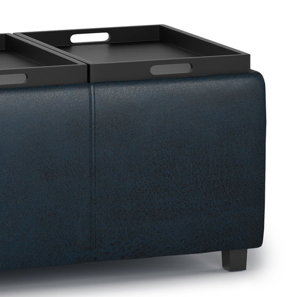 English Elm Avalon Storage Ottoman - Distressed Dark Blue Faux Leather With Hidden Storage & Serving Trays B136P158255