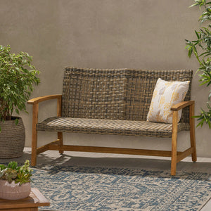 English Elm Christopher Knight Home® - HAMPTON Acacia Wood & Wicker Loveseat Natural Grey with Iron Frame, Weather-Resistant, Sturdy Design 60396.00WTC