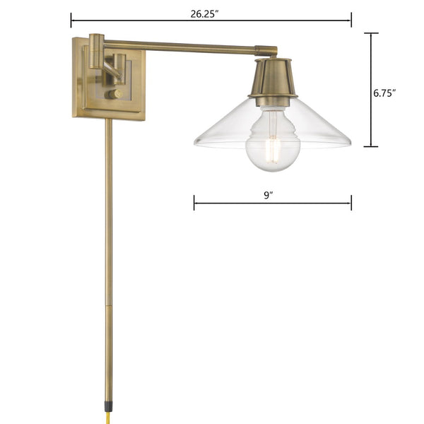 Atlas Dillon 6.75'' High 1-Light Swingarm Sconce - Modern Versatility with Classic Glass Diffuser Design Antique Brass WL11006-BS