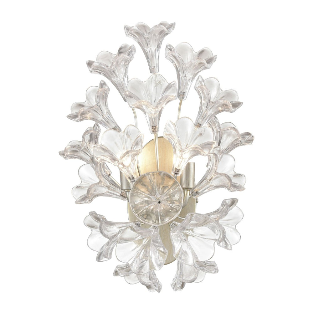 Atlas Celene 2-Light Sconce - Elegant Aged Silver Wall Fixture with Clear Glass Floral Shades for Indoor Use WL11042-SV