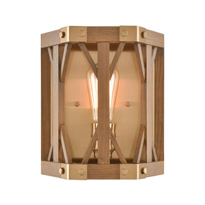 Atlas Structure 10" High 1-Light Sconce - Rustic Modern Style with Satin Brass Finish & Oak Accents WL11152-BS